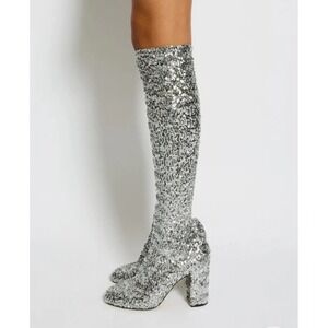 Dolce & Gabbana Silver Sequin Over-The-Knee Boots EU 38.5 Made in Italy